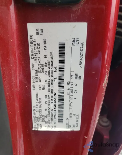 2021 Ford F350 Super Duty z USA, uszkodzony, nr VIN 1FT8W3BTXMEC51692